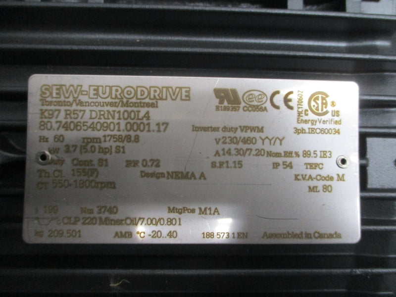 SEW-EURODRIVE K97R57DRN100L4 230/460V 14.30/7.20A NSMP