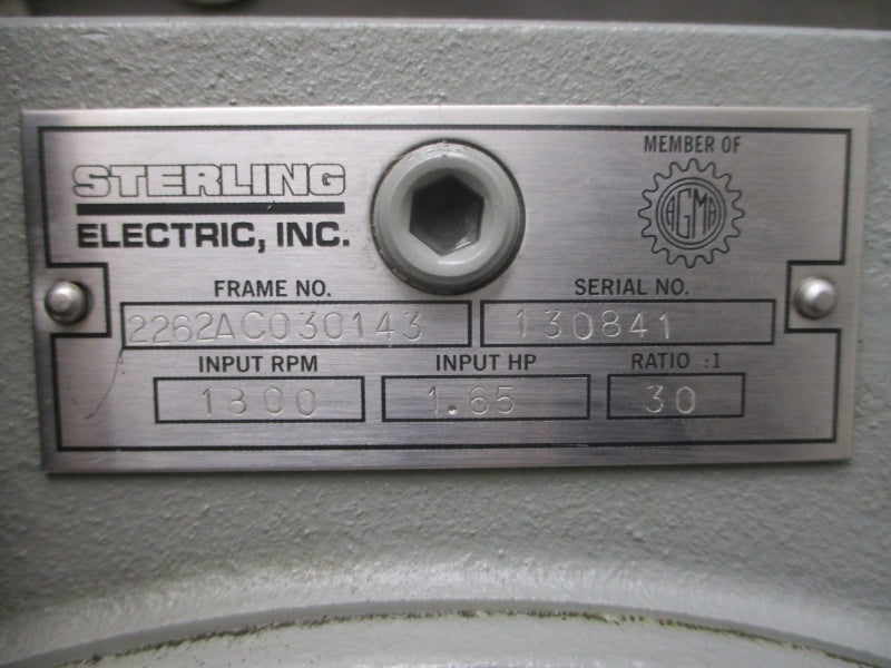 STERLING ELECTRIC DH0014FCA W/ 2262AC030143 1800 RPM 1.65 HP GEAR BOX 208-230/460V 3.1-3.0/1.5A NSNP
