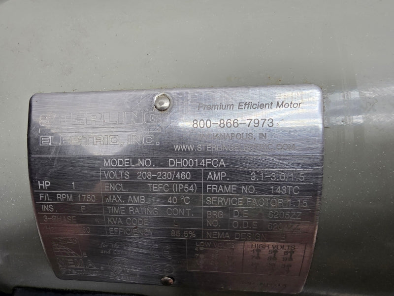 STERLING ELECTRIC DH0014FCA W/ 2262AC030143 1800 RPM 1.65 HP GEAR BOX 208-230/460V 3.1-3.0/1.5A NSNP