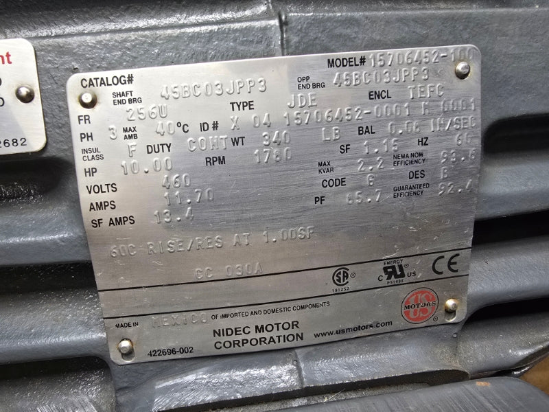 US MOTORS 10 HP 256U FRAME 15706452-100 460V 11.70A NSMP