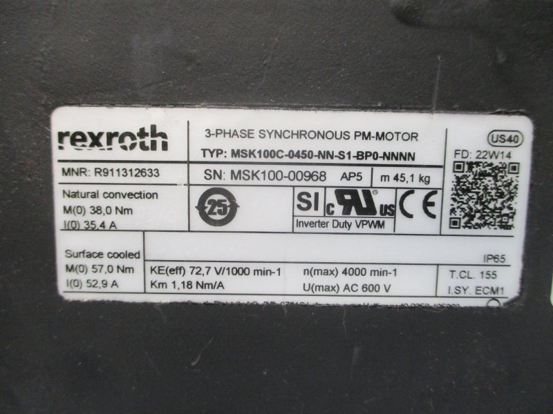 REXROTH R911312633 MSK100C-0450-NN-S1-BP0-NNNN 600VAC 35.4/52.9A NSNP