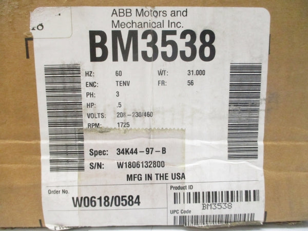 BALDOR BM3538 34K44-97-B 208-230/460V 1.9-1.8/.9A NSMP