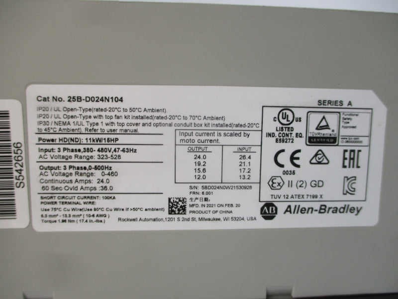 ALLEN BRADLEY 25B-D024N104 SER. A F/W 6.001 380-480VAC 24.0A (AS PICTURED) UNMP