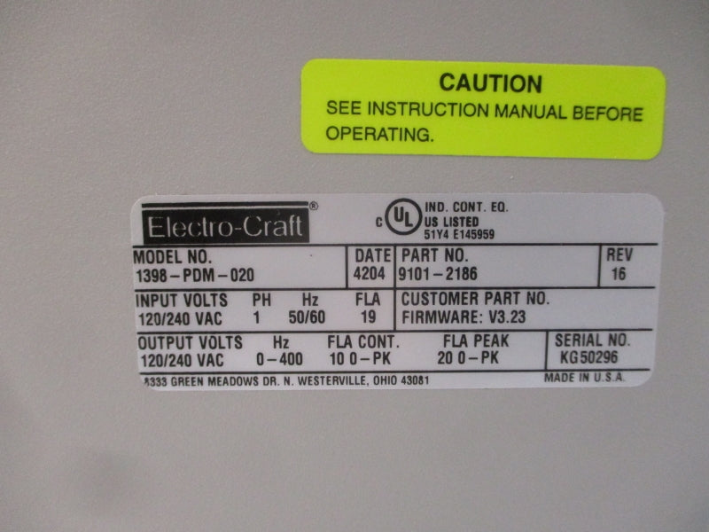 ELECTRO-CRAFT 1398-PDM-020 9101-2186 120/240VAC 19A REV. 16 UNMP