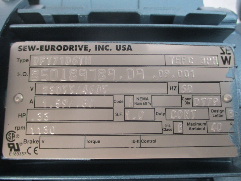 SEW-EURODRIVE SAF57DT71D6TH DFT71D6TH 230/460V 1.59/.80A NSNP