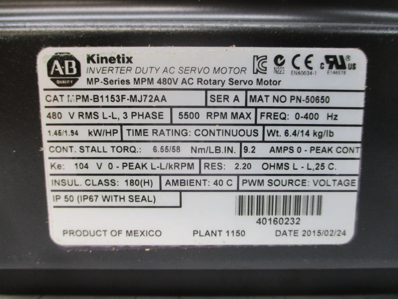 ALLEN BRADLEY MPM-B1153F-MJ72AA SER. A 480VAC 9.2A NSMP