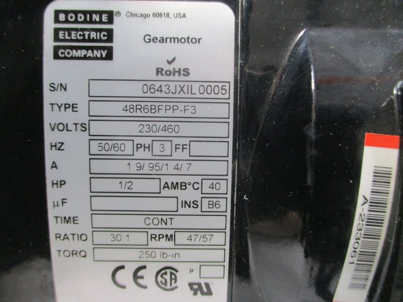 BODINE ELECTRIC 48R6BFPP-F3 230/460V 1.9/.95/1.4/.7A NSNP
