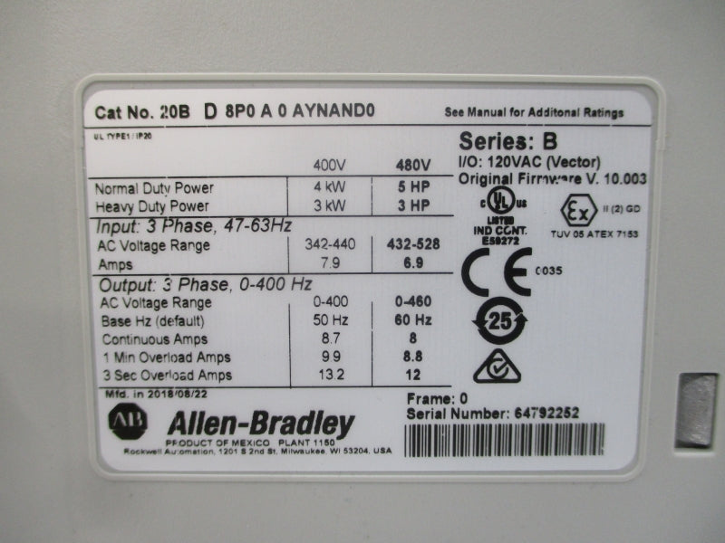 ALLEN BRADLEY 20BD8P0A0AYNAND0 SER. B F/W 10.003 432-528VAC 8A NSMP