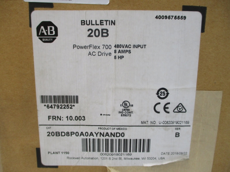 ALLEN BRADLEY 20BD8P0A0AYNAND0 SER. B F/W 10.003 432-528VAC 8A NSMP
