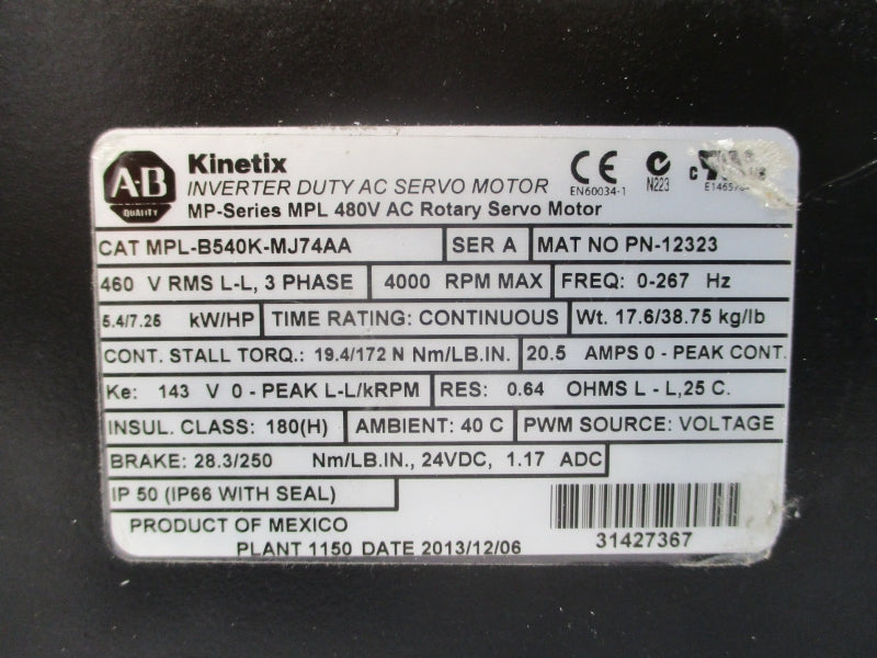 ALLEN BRADLEY MPL-B540K-MJ74AA SER. A 480VAC 20.5A UNMP