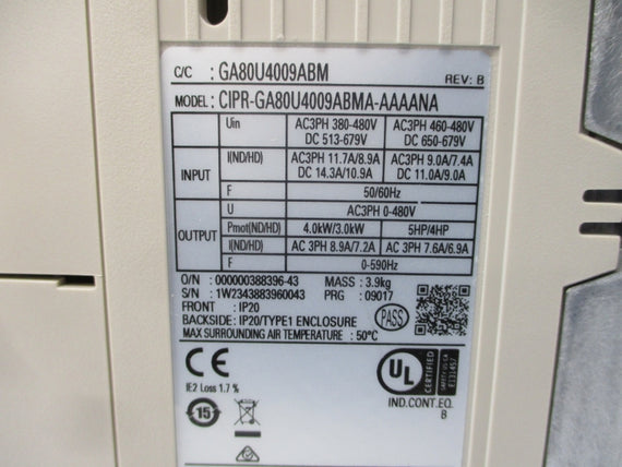 YASKAWA CIPR-GA80U4009ABMA-AAAANA 460-480VAC 9.0/7.4A REV. B NSNP