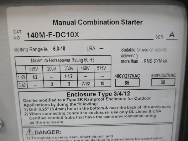 ALLEN BRADLEY 140M-F-DC10X SER. A 277/347VAC 65A NSNP
