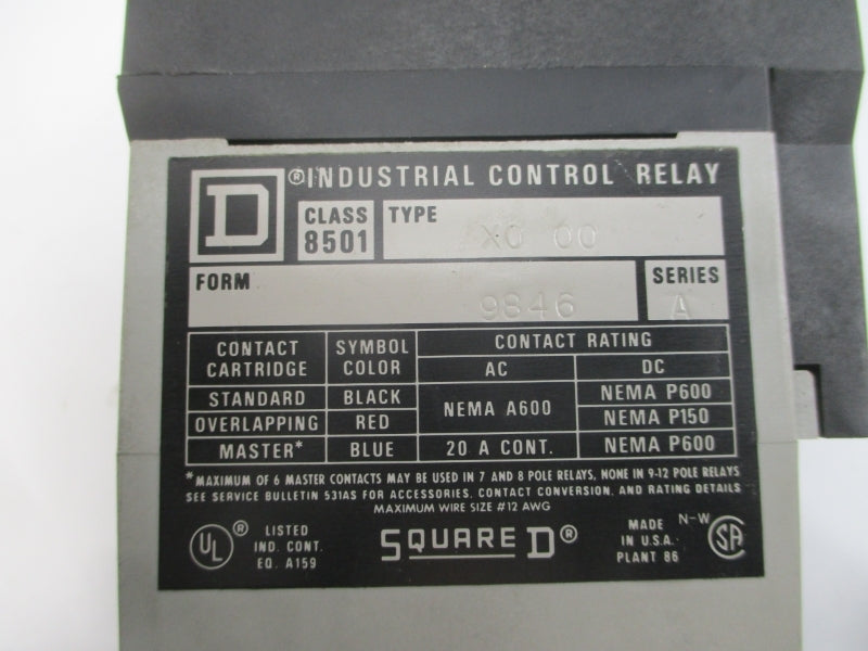 SQUARE D 8501XO00XTE1V02 SER. A 110/120V 20A 0.2-60S NSMP
