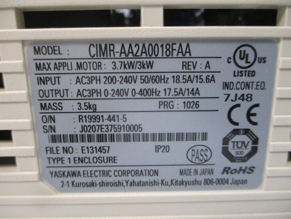 YASKAWA CIMR-AA2A0018FAA 200-240VAC 18.5/15.6A REV. A NSMP