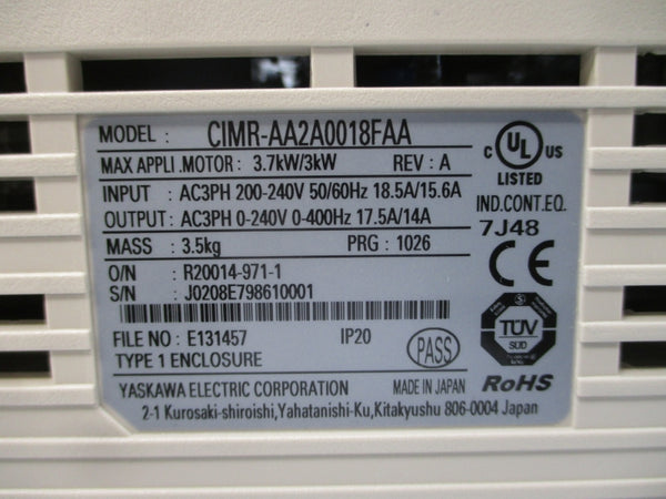 YASKAWA CIMR-AA2A0018FAA 200-240VAC 18.5/15.6A REV. A NSNP