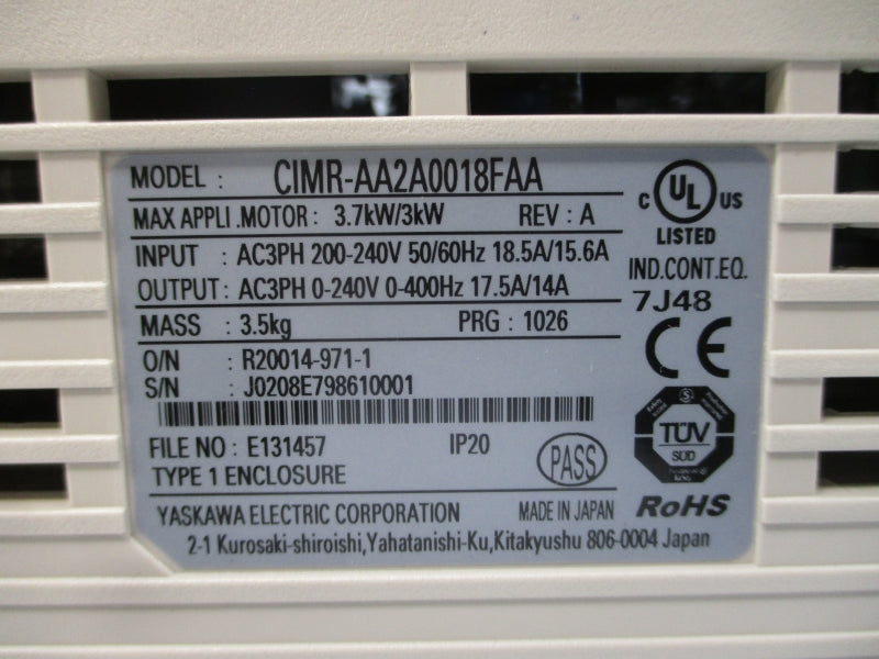YASKAWA CIMR-AA2A0018FAA 200-240VAC 18.5/15.6A REV. A NSNP