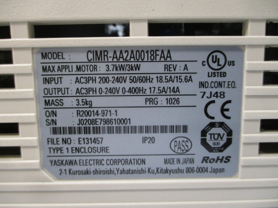 YASKAWA CIMR-AA2A0018FAA 200-240VAC 18.5/15.6A REV. A NSNP
