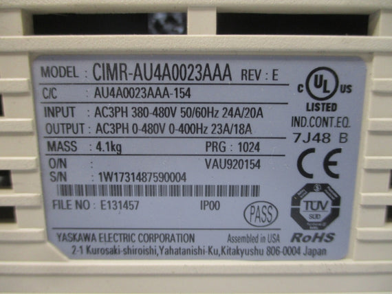 YASKAWA CIMR-AU4A0023AAA 380-480VAC 24/20A REV. E UNMP