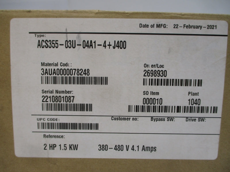 ABB ACS355-03U-04A1-4 400/480V 6.9/5.8A NSMP