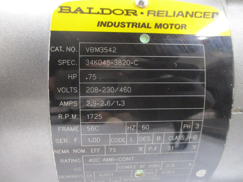 BALDOR VBM3542 34K045-3820-C 208-230/460V 2.9-2.6/1.3A NSNP