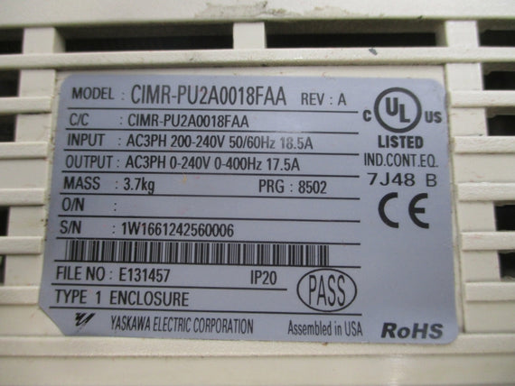 YASKAWA ELECTRIC CIMR-PU2A0018FAA 200-240VAC 18.5A REV. A UNMP
