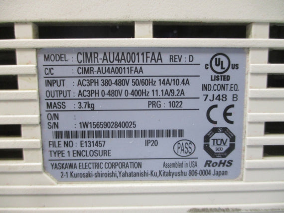 YASKAWA ELECTRIC CIMR-AU4A0011FAA 380-480VAC 14/10.4A REV. D (AS PICTURED) UNMP