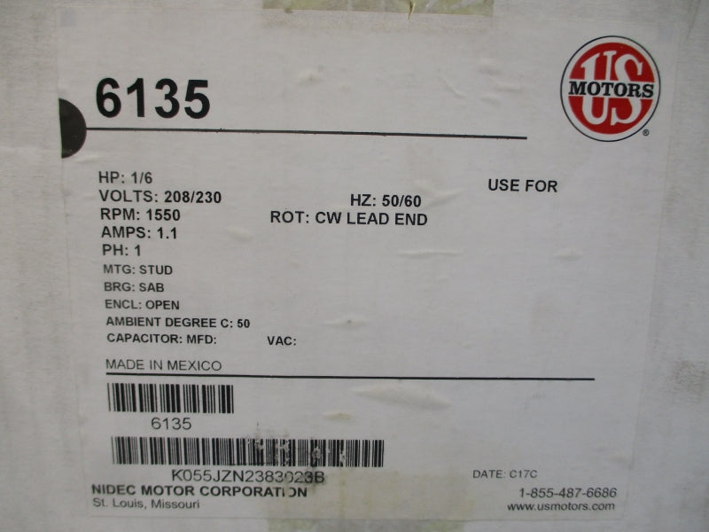 US MOTORS 6135 K55HXJZN-2383 208/230V 1.1A NSMP