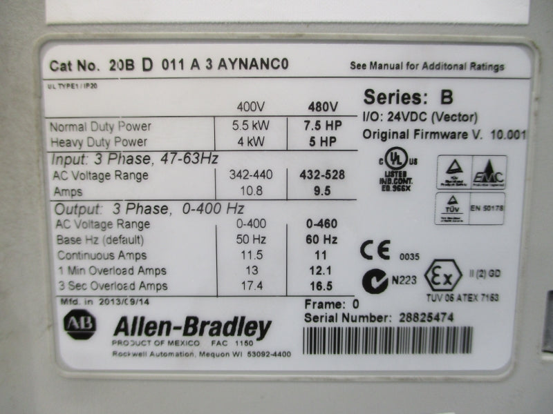 ALLEN BRADLEY 20BD011A3AYNANC0 SER. B F/W 10.001 432-528VAC 11A (MISSING COVER) NSNP