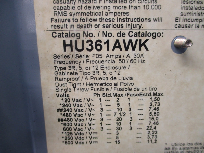 SQUARE D HU361AWK SER. F05 600V 30A (AS PICTURED) UNMP