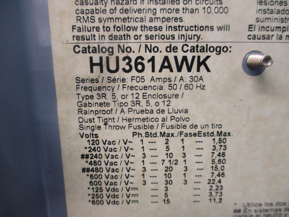 SQUARE D HU361AWK SER. F05 600V 30A (AS PICTURED) UNMP