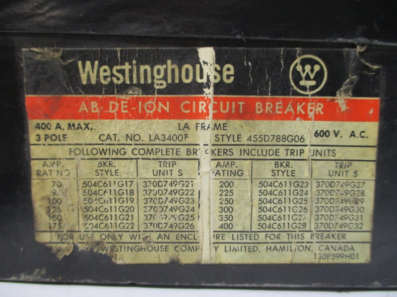 WESTINGHOUSE LA3400F 455D788G06 600VAC 400A UNMP