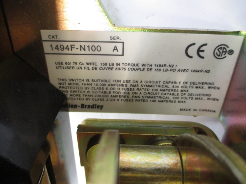 ALLEN BRADLEY 1494F-N100 SER. A 600VAC 100A NSNP