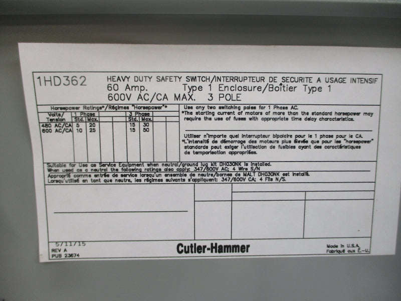 EATON 1HD362 600V 60A NSMP
