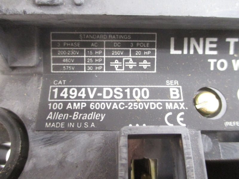 ALLEN BRADLEY 1494V-DS100 SER. B 600V 100A (BR/WH) NSMP