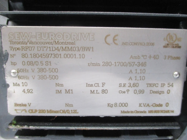 SEW-EURODRIVE RF07DT71D4/MM03/BW1 380-500V 1.10A NSNP