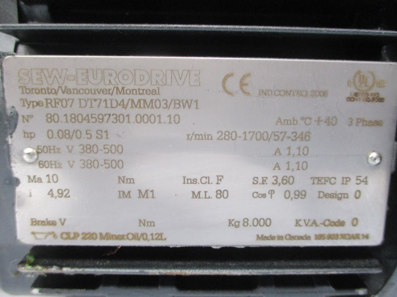 SEW-EURODRIVE RF07DT71D4/MM03/BW1 380-500V 1.10A NSNP