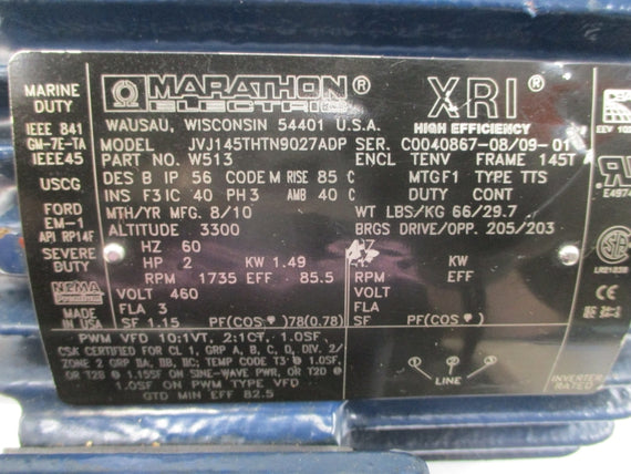 MARATHON ELECTRIC JVJ145THTN9027ADP W513 460V 3A NSNP