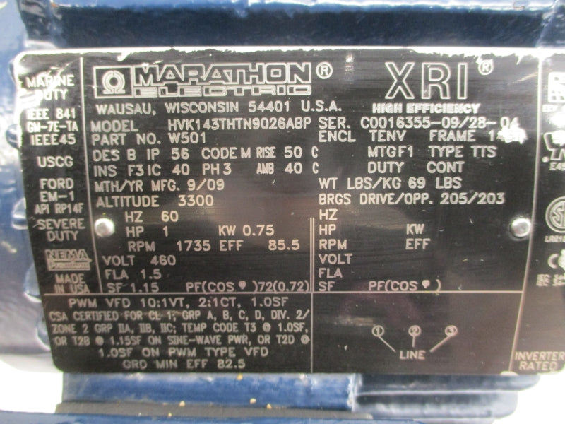 MARATHON ELECTRIC HVK143THTN9026ABP W501 460V 1.5A NSNP