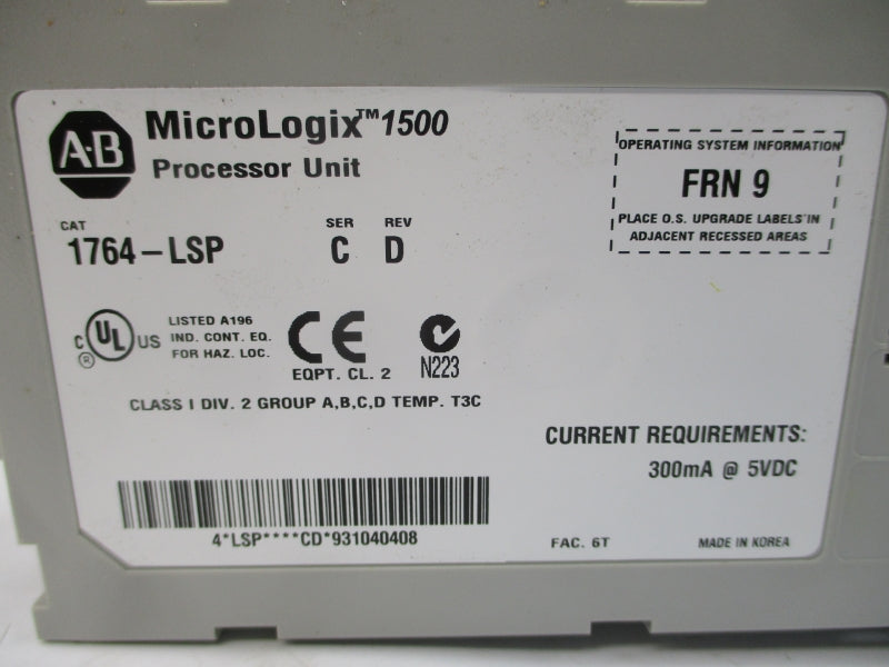 ALLEN BRADLEY 1764-LSP SER. C F/W 9 5VDC REV. D NSMP