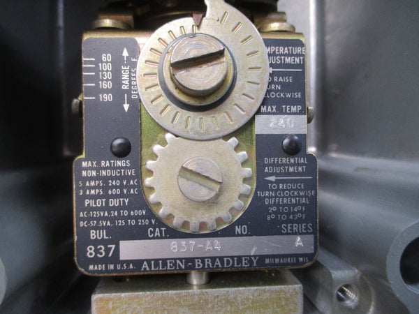 ALLEN BRADLEY 837-A4J SER. A 240/600VAC 5/3A 60-190'F (BR/YL) NSMP