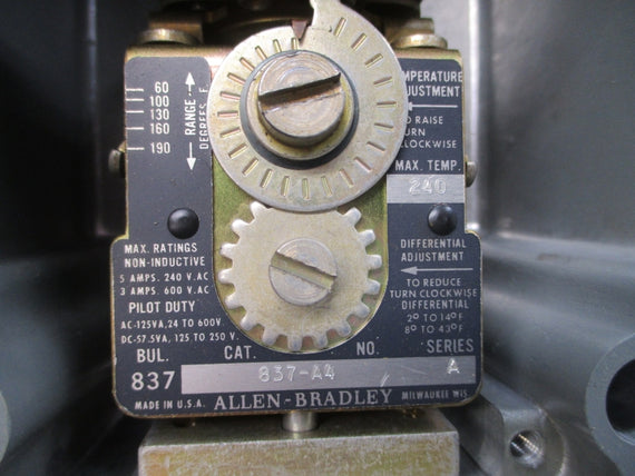 ALLEN BRADLEY 837-A4J SER. A 240/600VAC 5/3A 60-190'F (BR/YL) NSMP