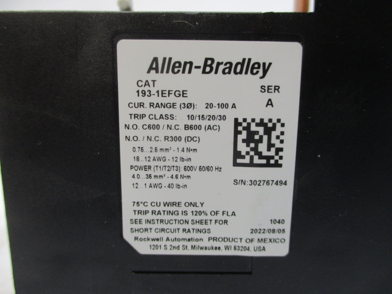 ALLEN BRADLEY 193-1EFGE SER. A 600V 20-100A (BR/WH) NSMP