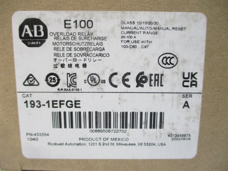 ALLEN BRADLEY 193-1EFGE SER. A 600V 20-100A (BR/WH) NSMP