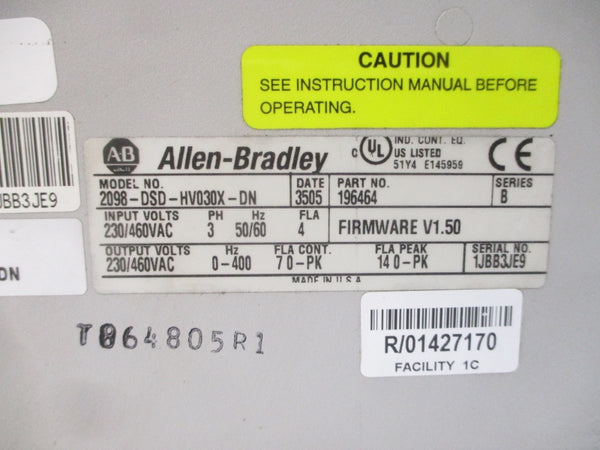ALLEN BRADLEY 2098-DSD-HV030X-DN SER. B F/W V1.50 230/460VAC 4A UNMP