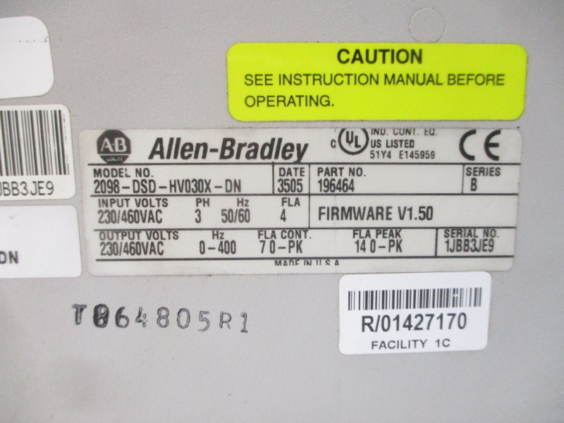 ALLEN BRADLEY 2098-DSD-HV030X-DN SER. B F/W V1.50 230/460VAC 4A UNMP