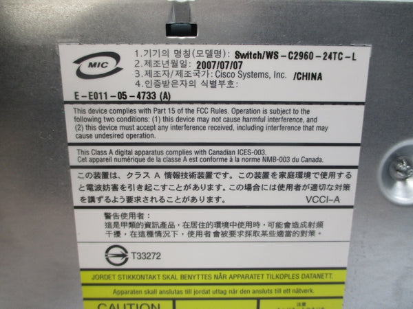 CISCO WS-C2960-24TC-L E-E011-05-4733 100-240V 1.3-.8A NSMP