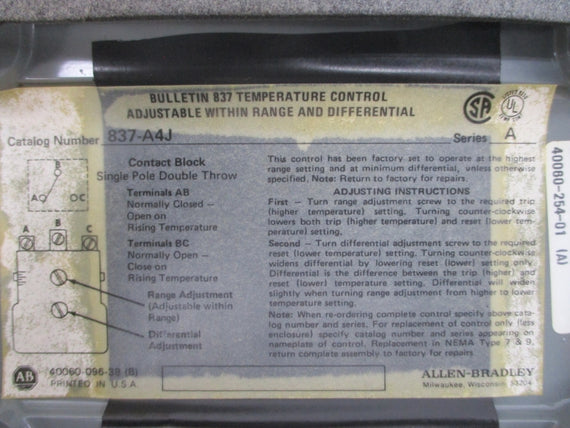 ALLEN BRADLEY 837-A4J SER. A 24-600VAC 60-190'F (BR/WH) NSMP