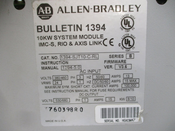 ALLEN BRADLEY 1394-SJT10-C-RL SER. B F/W V3.6 380/460VAC 13A (AS PICTURED) UNMP