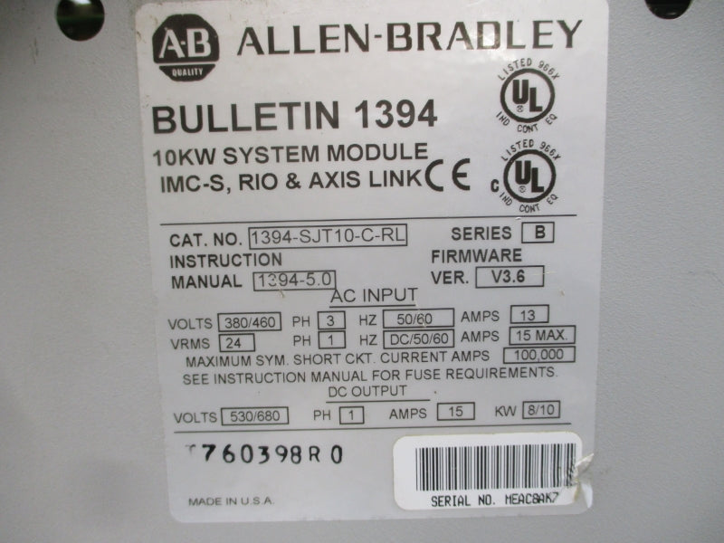 ALLEN BRADLEY 1394-SJT10-C-RL SER. B F/W V3.6 380/460VAC 13A (AS PICTURED) UNMP