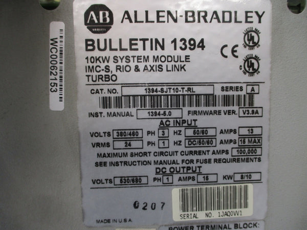 ALLEN BRADLEY 1394-SJT10-T-RL SER. A F/W V3.9A 380/460VAC 13A (AS PICTURED) UNMP
